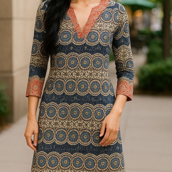 Caribbean Joe -NWOT Geometric Designrd Dress, 3/4 Sleeves W/Slits & Bottom Slits - Picture 2 of 12